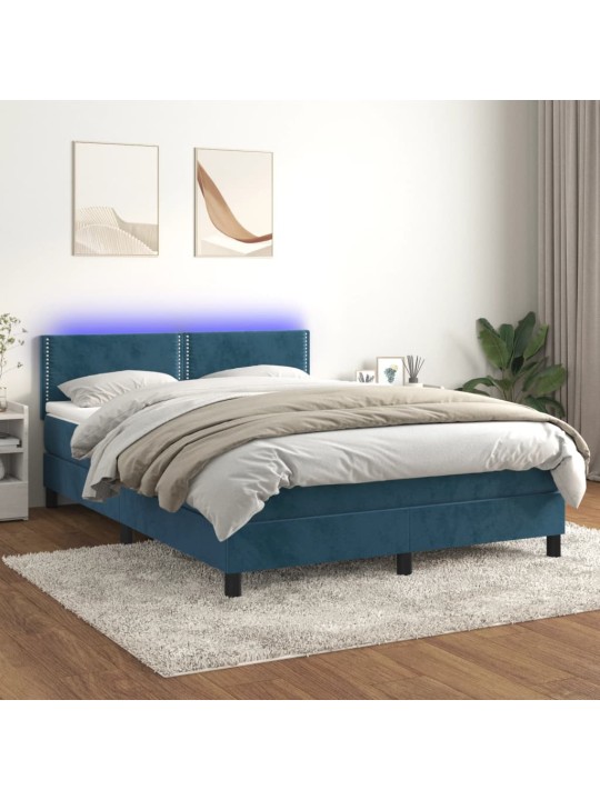 Atsperu gulta ar matraci, LED, tumši zils samts, 140x190 cm
