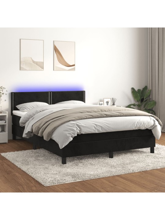 Atsperu gulta ar matraci, LED, melns samts, 140x200 cm