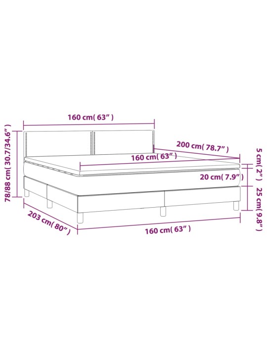 Atsperu gulta ar matraci, LED, melns samts, 160x200 cm