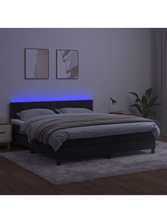 Atsperu gulta ar matraci, LED, melns samts, 180x200 cm