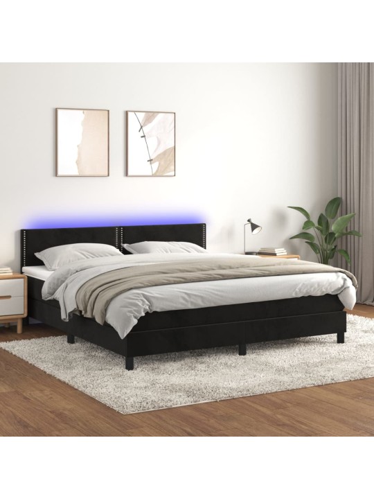 Atsperu gulta ar matraci, LED, melns samts, 180x200 cm