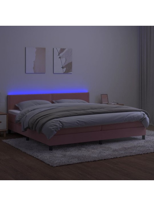 Atsperu gulta ar matraci, LED, rozā samts, 200x200 cm