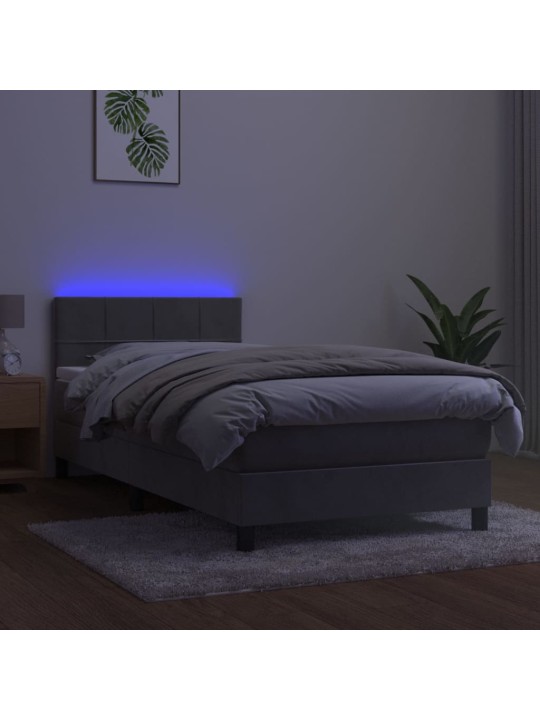 Atsperu gulta ar matraci, led, gaiši pelēks samts, 80x200 cm