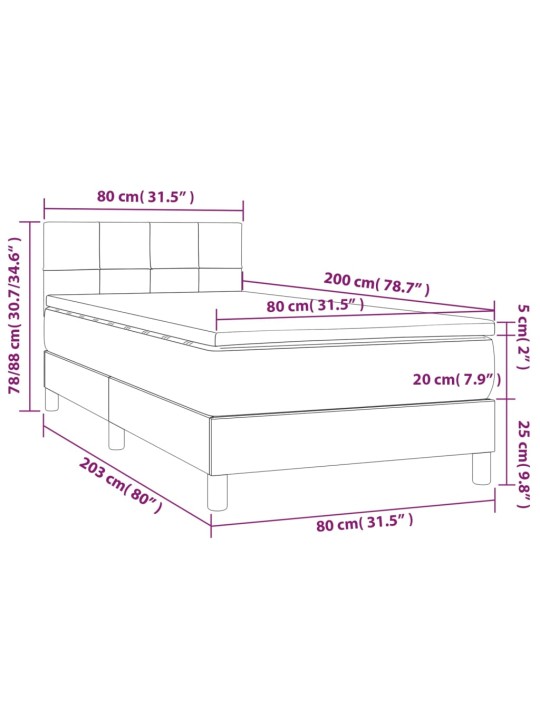 Atsperu gulta ar matraci, led, gaiši pelēks samts, 80x200 cm