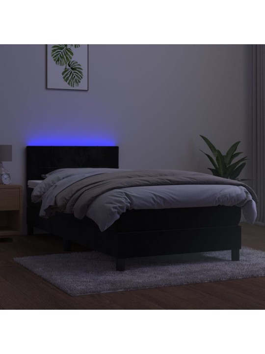 Atsperu gulta ar matraci, LED, melns samts, 100x200 cm