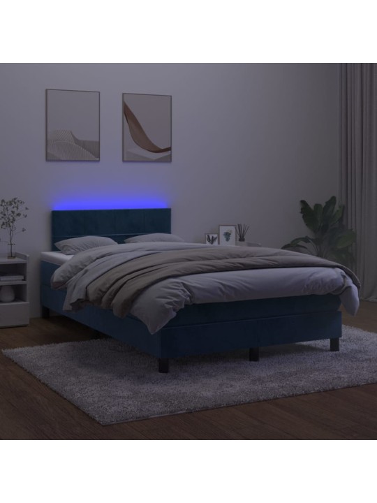 Atsperu gulta ar matraci, LED, tumši zils samts, 120x200 cm