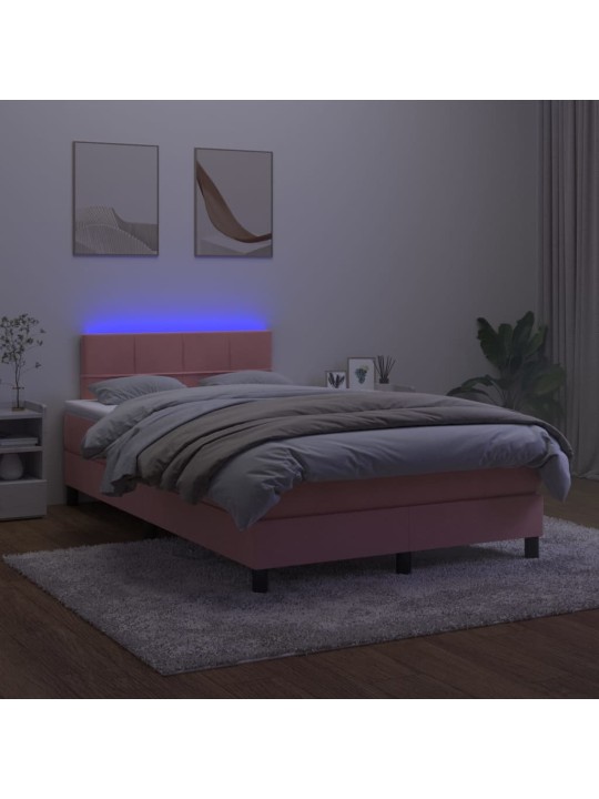 Atsperu gulta ar matraci, LED, rozā samts, 120x200 cm