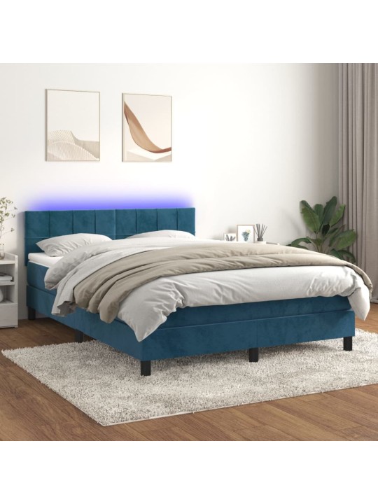 Atsperu gulta ar matraci, LED, tumši zils samts, 140x190 cm