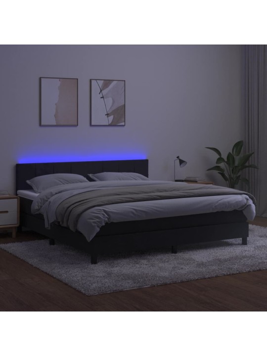 Atsperu gulta ar matraci, LED, melns samts, 180x200 cm