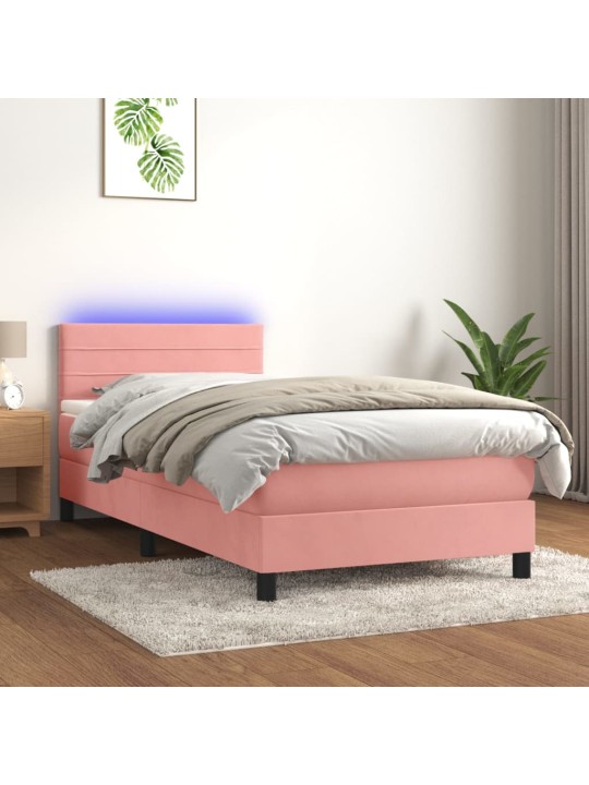 Atsperu gulta ar matraci, LED, rozā samts, 90x190 cm