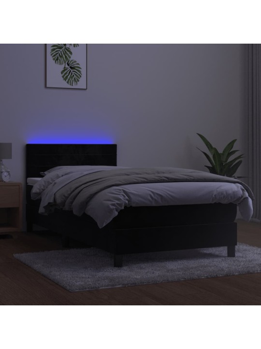 Atsperu gulta ar matraci, LED, melns samts, 100x200 cm