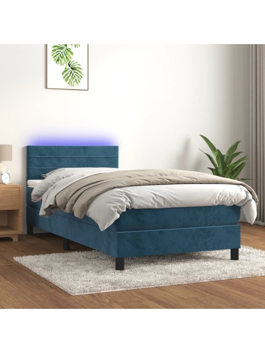 Atsperu gulta ar matraci, LED, tumši zils samts, 100x200 cm