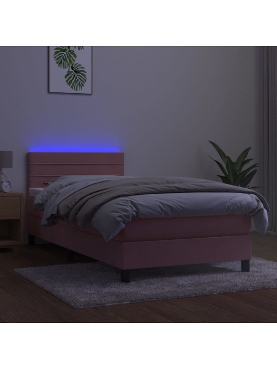 Atsperu gulta ar matraci, LED, rozā samts, 100x200 cm