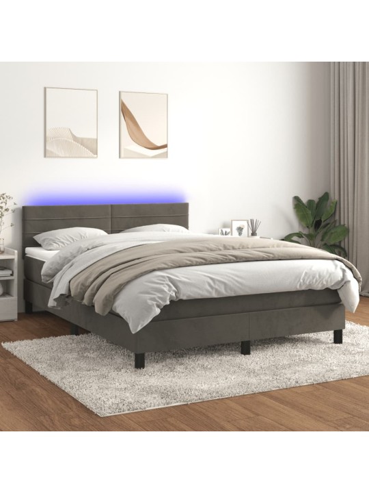 Atsperu gulta ar matraci, LED, tumši pelēks samts, 140x190 cm