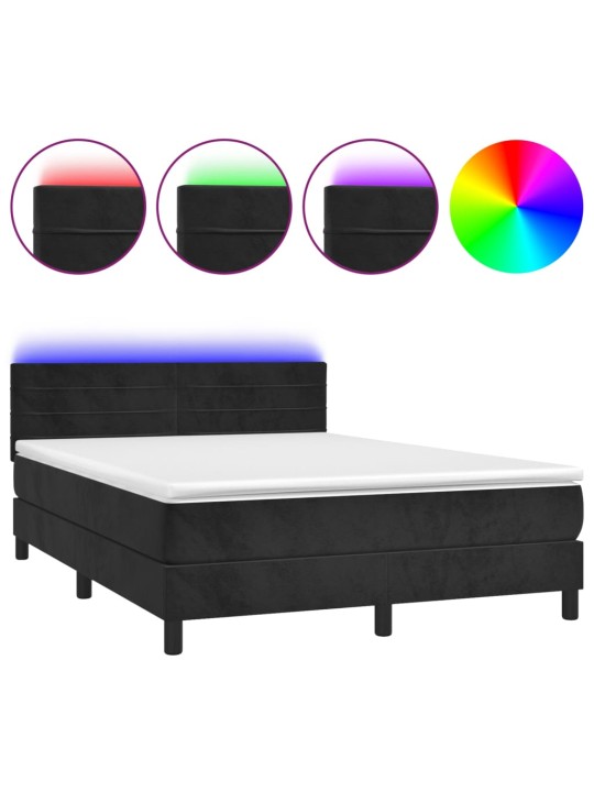 Atsperu gulta ar matraci, LED, melns samts, 140x190 cm