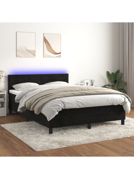 Atsperu gulta ar matraci, LED, melns samts, 140x190 cm