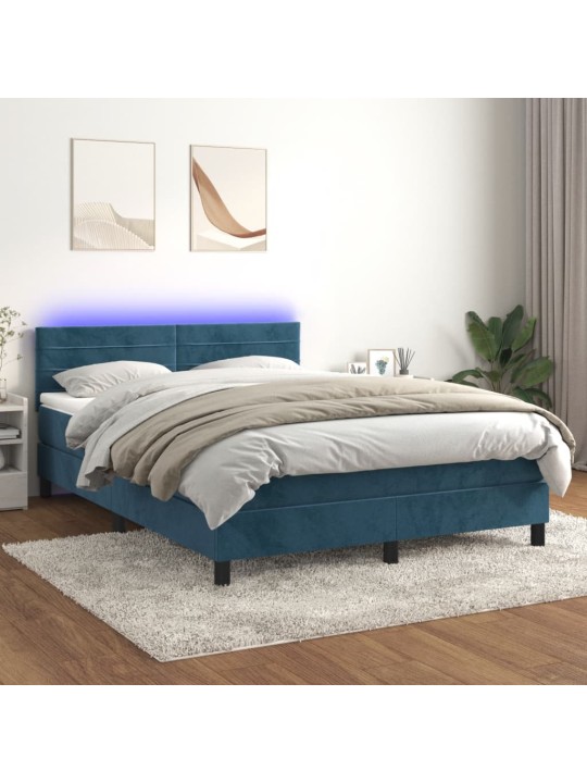 Kontinentālā gulta ar matraci, LED, tumši zils samts, 140x190 cm