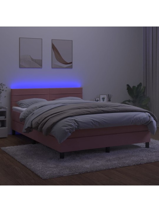 Atsperu gulta ar matraci, LED, rozā samts, 140x190 cm
