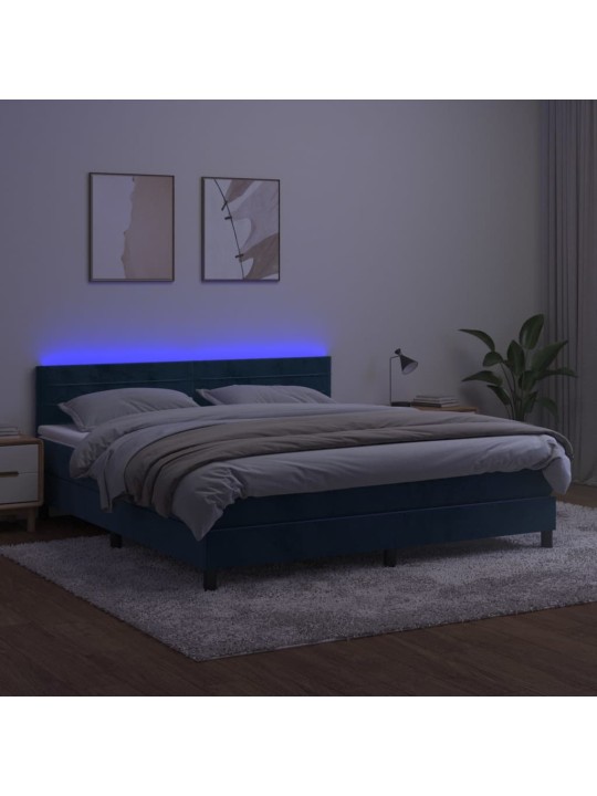 Atsperu gulta ar matraci, LED, tumši zils samts, 160x200 cm