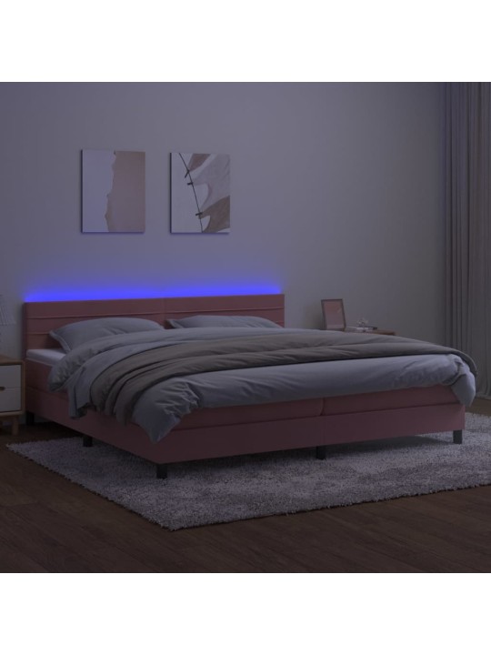 Atsperu gulta ar matraci, LED, rozā samts, 200x200 cm
