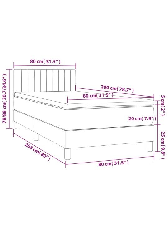 Atsperu gulta ar matraci, LED, rozā samts, 80x200 cm