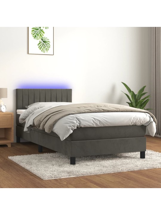 Atsperu gulta ar matraci, LED, tumši pelēks samts, 90x190 cm