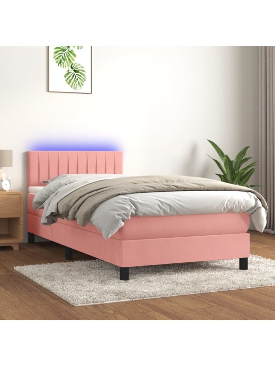Atsperu gulta ar matraci, LED, rozā samts, 90x190 cm