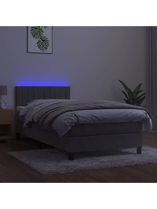 Atsperu gulta ar matraci, led, gaiši pelēks samts, 100x200 cm