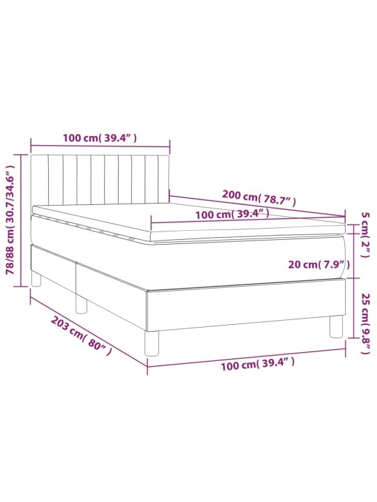 Atsperu gulta ar matraci, LED, melns samts, 100x200 cm