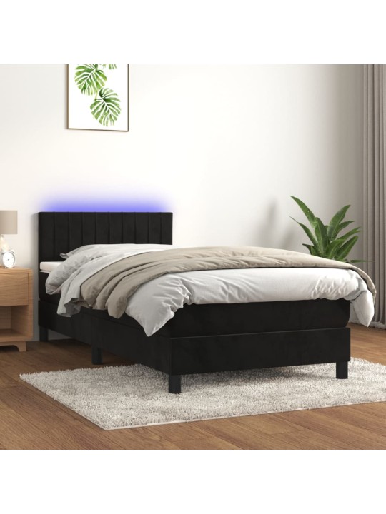 Atsperu gulta ar matraci, LED, melns samts, 100x200 cm