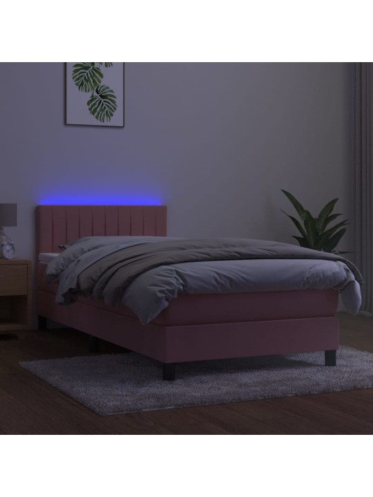 Atsperu gulta ar matraci, LED, rozā samts, 100x200 cm