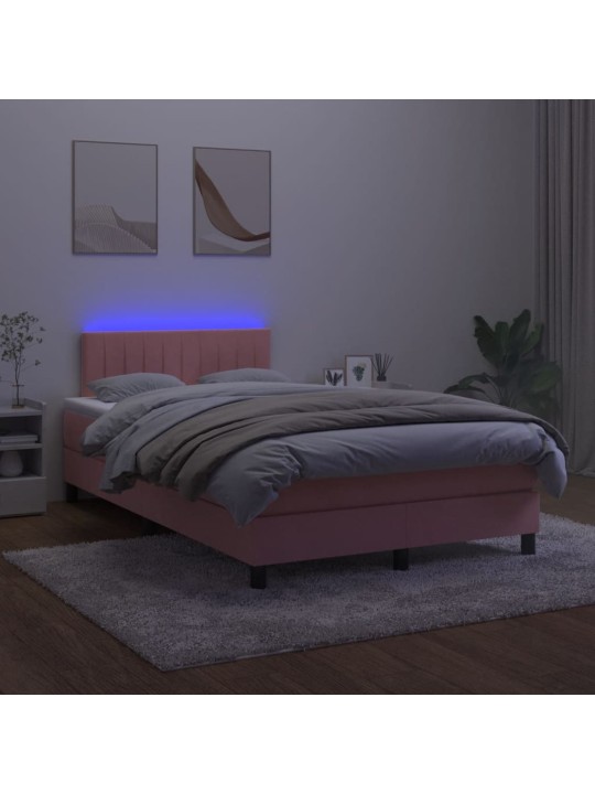 Atsperu gulta ar matraci, LED, rozā samts, 120x200 cm