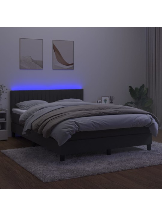 Atsperu gulta ar matraci, LED, tumši pelēks samts, 140x190 cm