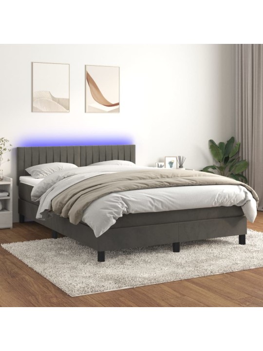 Atsperu gulta ar matraci, LED, tumši pelēks samts, 140x190 cm