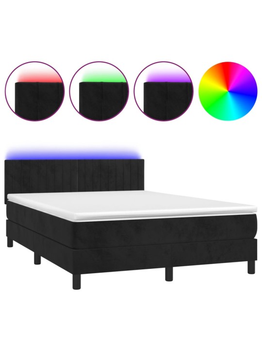Atsperu gulta ar matraci, LED, melns samts, 140x190 cm