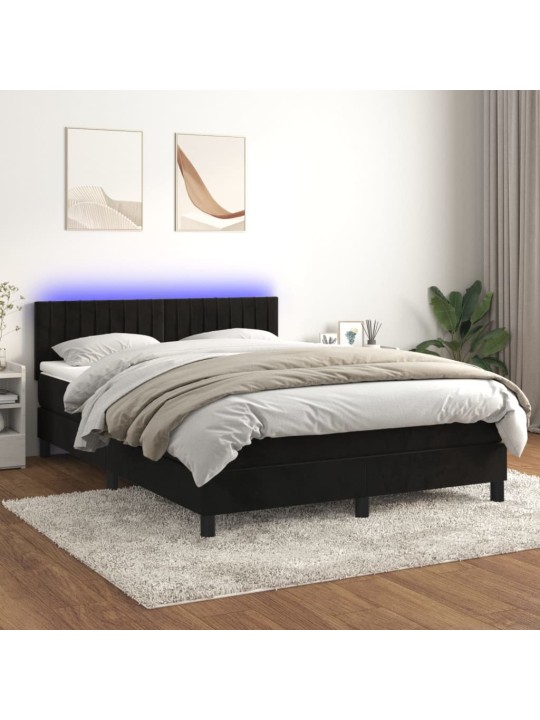 Atsperu gulta ar matraci, LED, melns samts, 140x190 cm