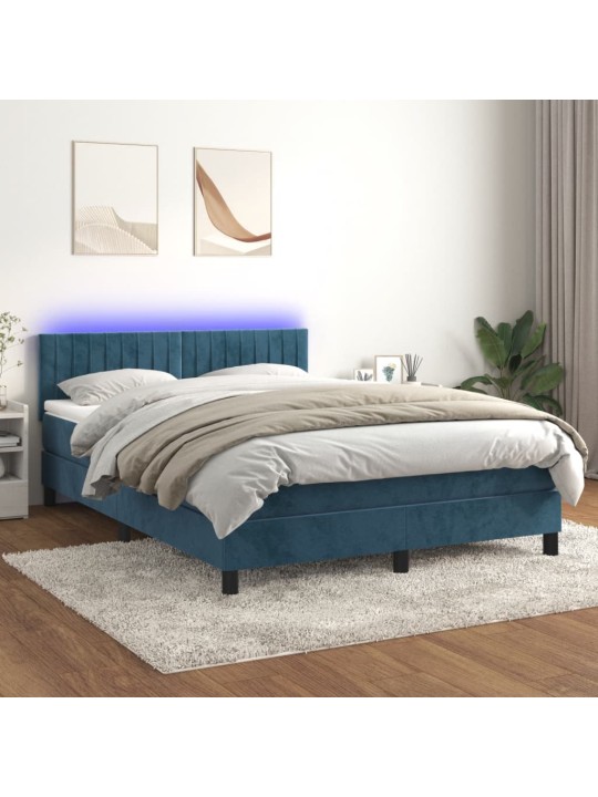 Atsperu gulta ar matraci, LED, tumši zils samts, 140x190 cm