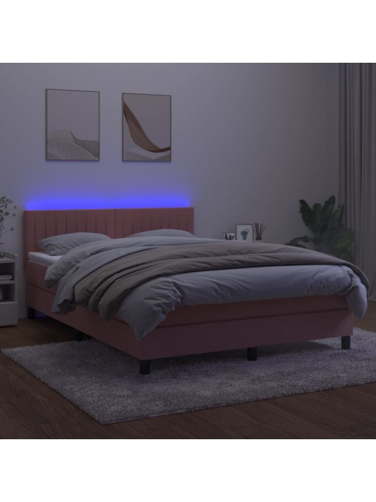 Atsperu gulta ar matraci, led, rozā samts, 140x190 cm