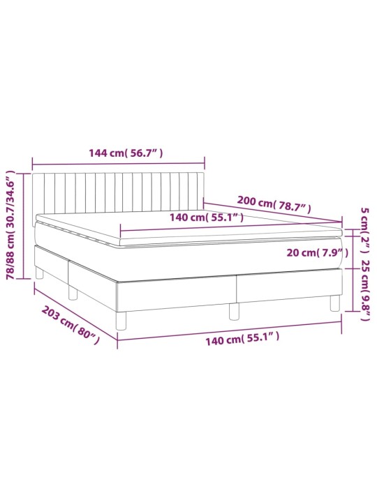 Atsperu gulta ar matraci, LED, melns samts, 140x200 cm