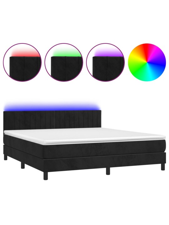 Atsperu gulta ar matraci, LED, melns samts, 160x200 cm