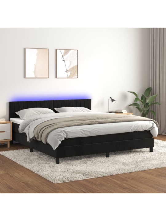 Atsperu gulta ar matraci, LED, melns samts, 160x200 cm