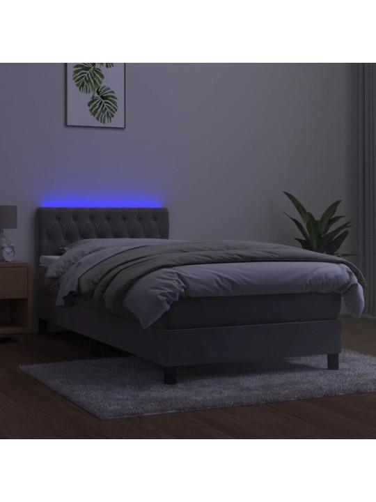 Atsperu gulta ar matraci, led, gaiši pelēks samts, 90x200 cm