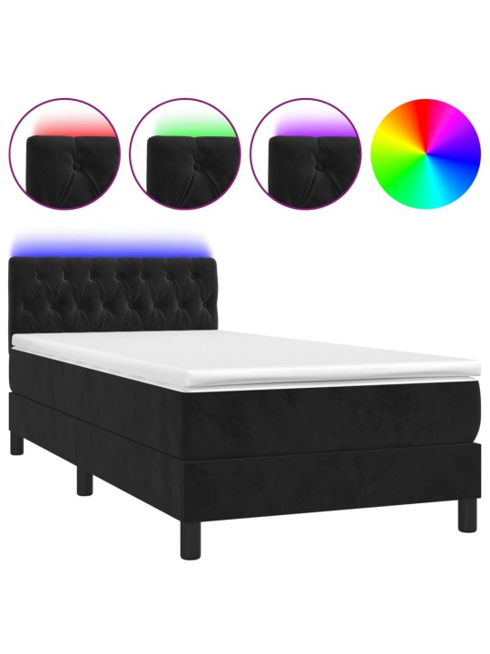 Atsperu gulta ar matraci, LED, melns samts, 90x200 cm