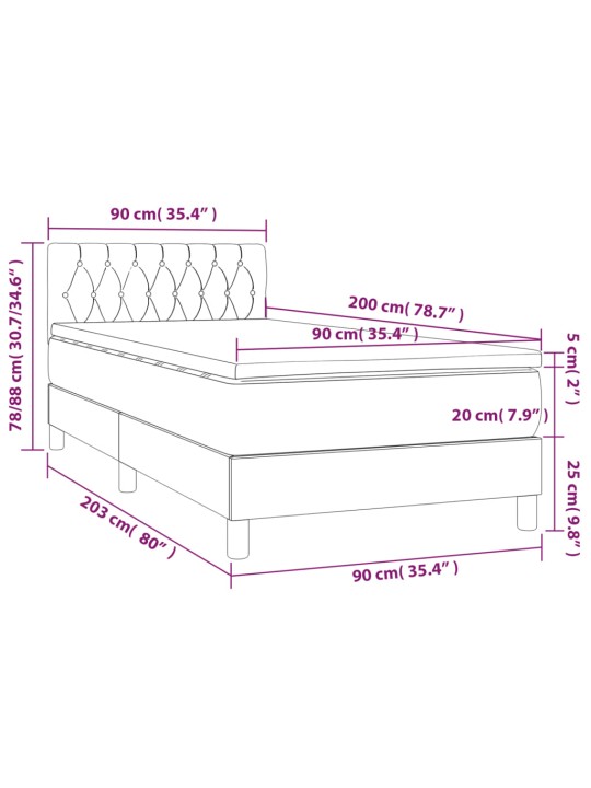 Atsperu gulta ar matraci, LED, melns samts, 90x200 cm