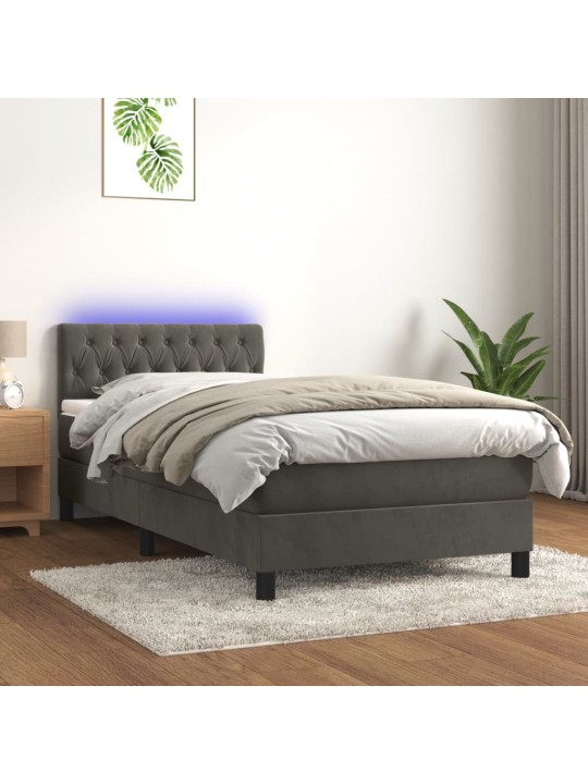Atsperu gulta ar matraci, LED, tumši pelēks samts, 100x200 cm