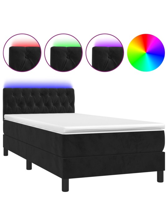 Atsperu gulta ar matraci, LED, melns samts, 100x200 cm