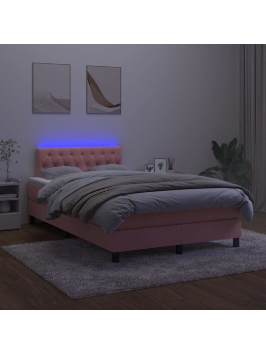 Atsperu gulta ar matraci, LED, rozā samts, 120x200 cm
