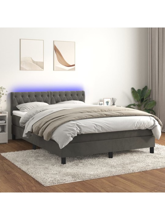 Atsperu gulta ar matraci, LED, tumši pelēks samts, 140x190 cm