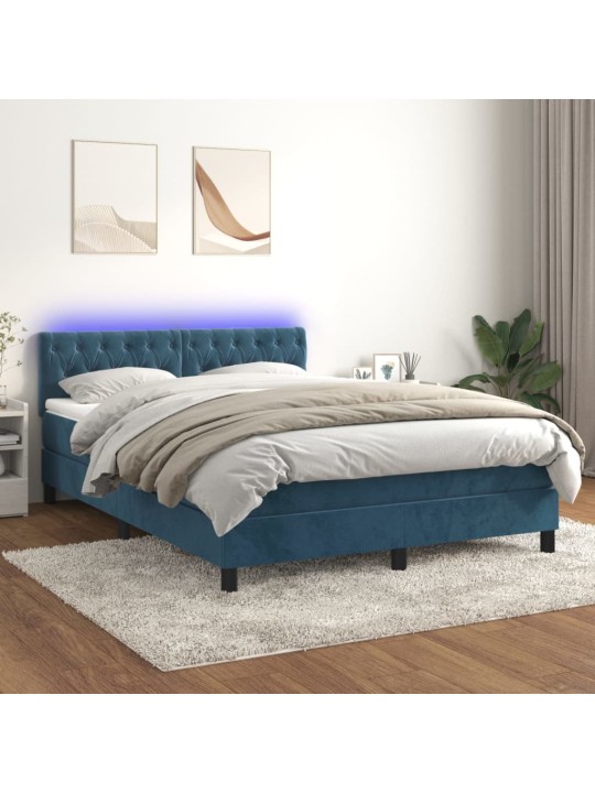Kontinentālā gulta ar matraci, LED, tumši zils samts, 140x190 cm