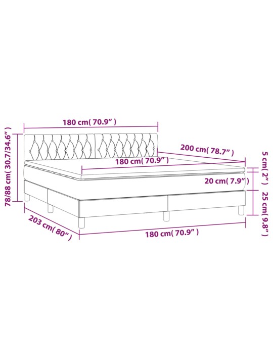 Atsperu gulta ar matraci, LED, melns samts, 180x200 cm